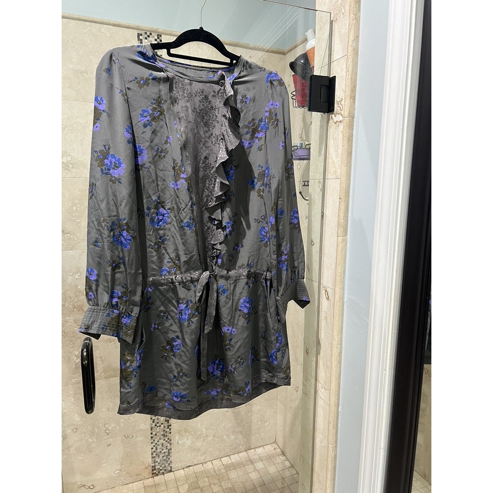 Rebecca Taylor Silk Floral Ruffle Dress 8 Gray Blue Purple Long Sleeve Shift